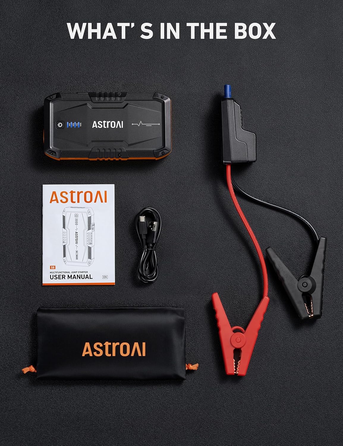 AstroAI S8 Starthilfe Powerbank – Tragbarer 1500 A Auto Starthilfe-Booster & Powerbank für 12 V Fahrzeuge, 3-in-1 Funktion mit LED-Taschenlampe & USB-Ports